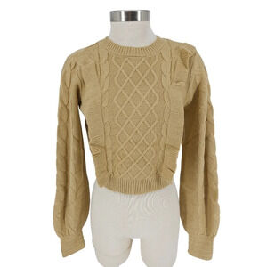 And Now This Cropped Sweater Camel Long Sleeve Ruffle Cable Knit Pullover